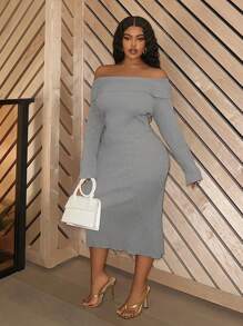 Slaydiva 大码优雅休闲派对毕业灰色长袖露肩露肩可折叠领纹理罗纹面料中长连衣裙，秋冬 - 灰色 - 查看 5