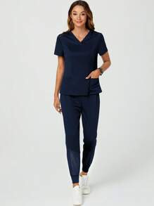 TaskEZ Women Solid Color Simple V-Neck Short Sleeve Top And Pants Scrub Uniform Set - Navy Blue - View 6