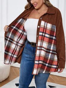 EMERY ROSE Plus Size Solid Color Patchwork Front Button Long Sleeve Jacket, Casual Wear - Multicolor - View 6