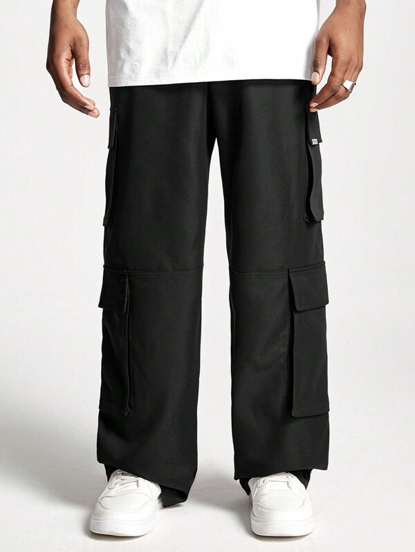 Manfinity VCAY Pantalones casuales holgados de pierna recta tejidos con bolsillos, estilo de moda streetwear para hombres