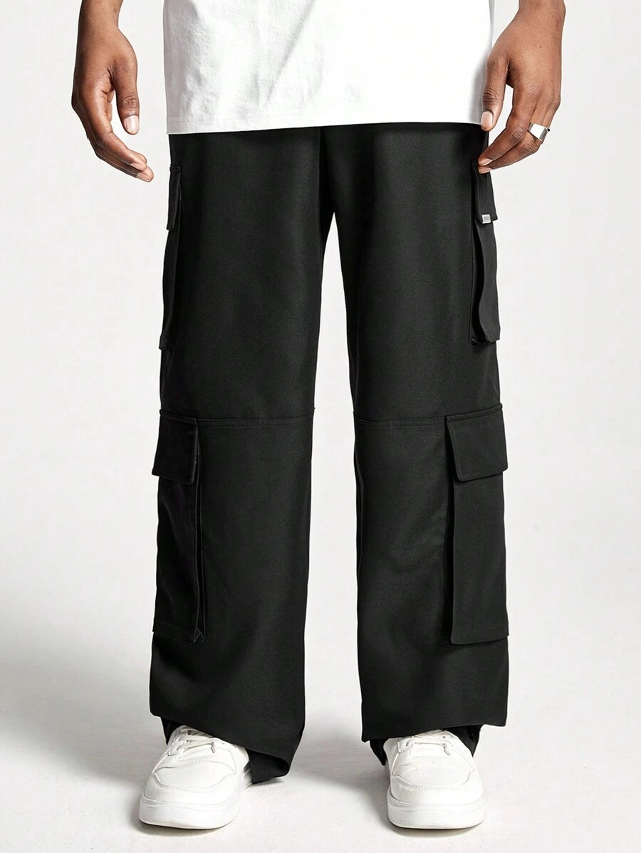 Manfinity VCAY 男士宽松直筒编织休闲口袋长裤，时尚街头风格 - 黑色 - 查看 1