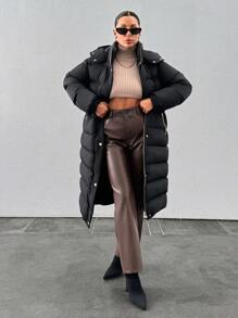 RueChic Women's Hooded Gold Snap Button Padded Winter Puffer Long Down Coat - Black - View 8