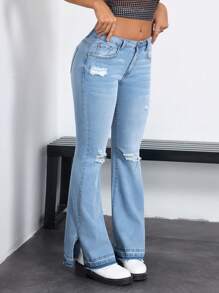 SHEIN EZwear 女士破洞下摆喇叭牛仔裤 - 淺色水洗藍 - 查看 4