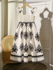 SHEIN Young Girl Flounce Trim Sleeved Dress, Young Girl Summer Holiday & Casual Wear - Apricot - View 1