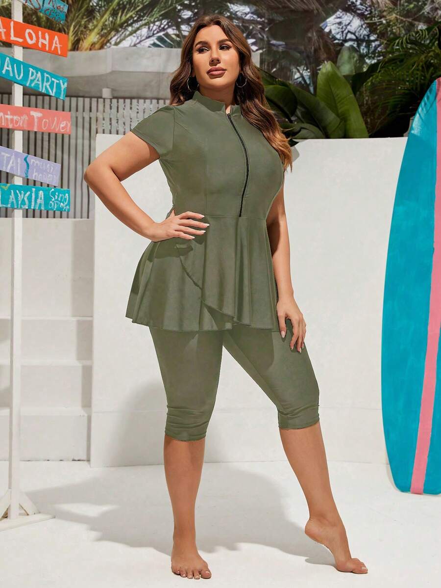 Swim Mulvari Plus Size Women's Solid Simple Casual Short Sleeve Burkini - Army Green - View 1