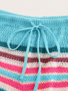 Slaydiva Plus Size Kỳ nghỉ thường ngày Áo không tay và quần short sọc đầy màu sắc dành cho nữ có dây đeo cổ-Z - Màu xanh lam - Xem 3