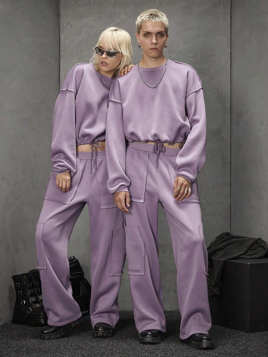 Manfinity VCAY 2 件男士宽松针织抽绳运动衫和直筒运动裤套装，春秋季，秋冬适用 - 淡紫色 - 查看 1