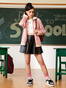 SHEIN Explorewe 少女优雅休闲百搭仿麂皮保暖内衬夹克 - 珊瑚粉 - 查看 6