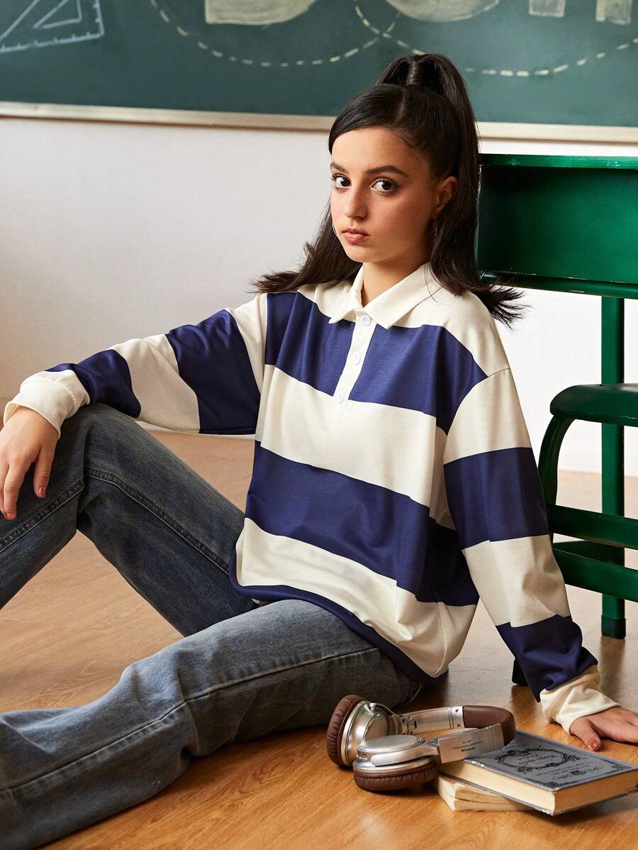 SHEIN Explorewe 青少女休閒條紋式撞色長袖緊身衣襯衫，有可摺疊領子，時尚百搭