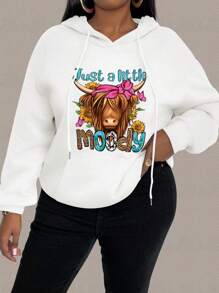 Calvaya Plus Size Cartoon Cow & Letter Printed Hooded Sweatshirt With Drawstring, Long Sleeve, Pocket, Daily Loose Fit Pullover Fall Outfit