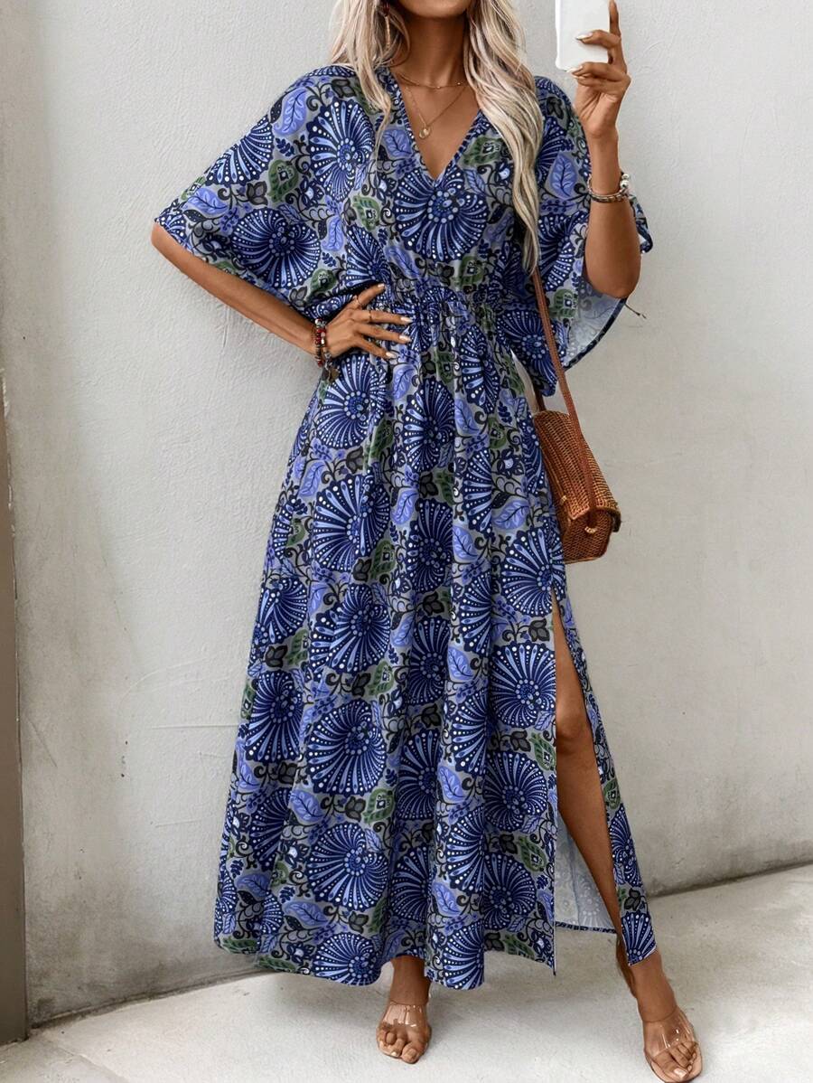 SHEIN LUNE Váy đi biển cổ chữ V tay cánh dơi in họa tiết hoa Bohemian có xẻ cao và thắt eo cho nữ - Nhiều màu - Xem 1