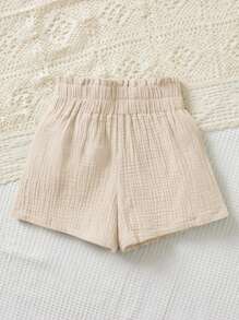 SHEIN Quần short dự tiệc cho bé gái tuổi teen, màu trơn, dáng rộng, cài cúc phía trước, viền bèo nhún trang trí. - Màu be - Xem 2