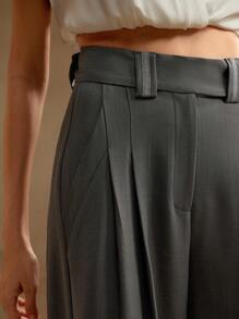 Anewsta 寬鬆直筒雙摺鬆緊褲，優雅套裝褲，具有飄逸感 - 灰色 - 查看 7