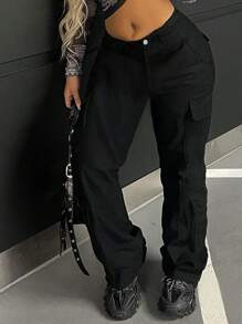 2024 Simple Black Utility Denim Straight-Leg Cargo Pants Casual - Black - View 2