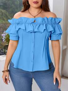 SHEIN Privé Plus Size Women's Elegant High Street Solid Color Volume Texture 3D Ruffle Off Shoulder Cinched Waist Short Sleeve Open Front Summer Blouse, Music Festival/Wedding Occasion Dramatic Silhouette Top - Blue - View 4