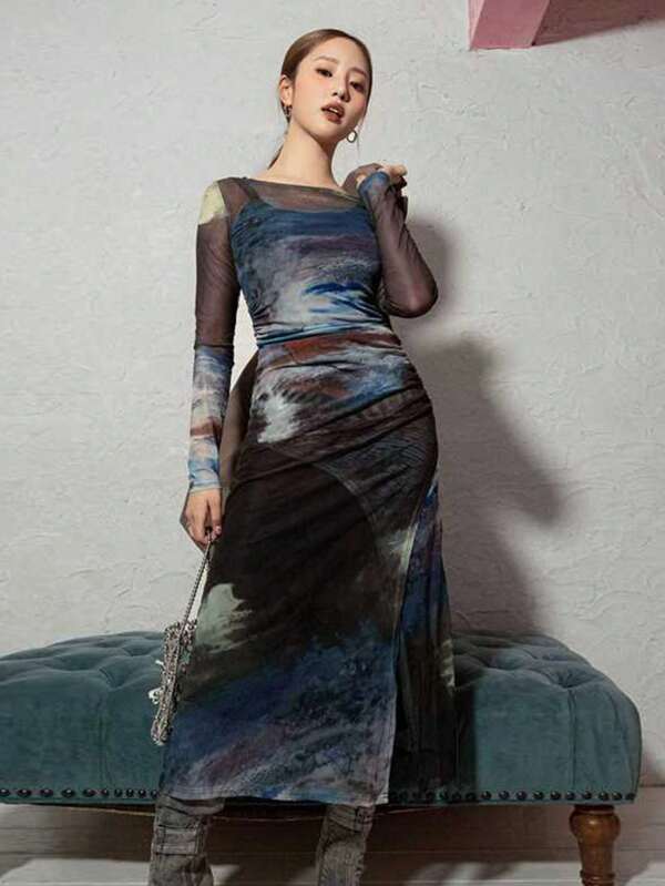 DAZY Tie-Dye Mesh Long Sleeve Split Hem Dress Sheer,Casual Women Dresses,Fall Dress