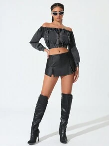 Women's Off-Shoulder Denim Blouse With Ruffle Detail Cowgirl Top - Black - View 6