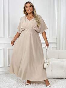 SHEIN CURVE+ Plus Batwing Sleeve Dress - Khaki - View 4