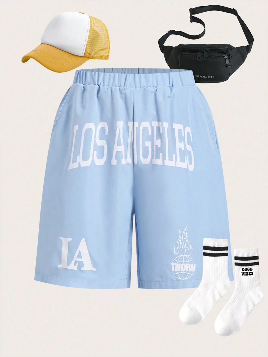 SHEIN Quần short dệt thoi dáng rộng mùa xuân/hè Tween Boy có họa tiết in chữ thể thao - Màu xanh lam - Xem 1