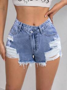 SHEIN PETITE Women's Button Embellished Denim Shorts With Fray Hem - Medium Wash - View 1