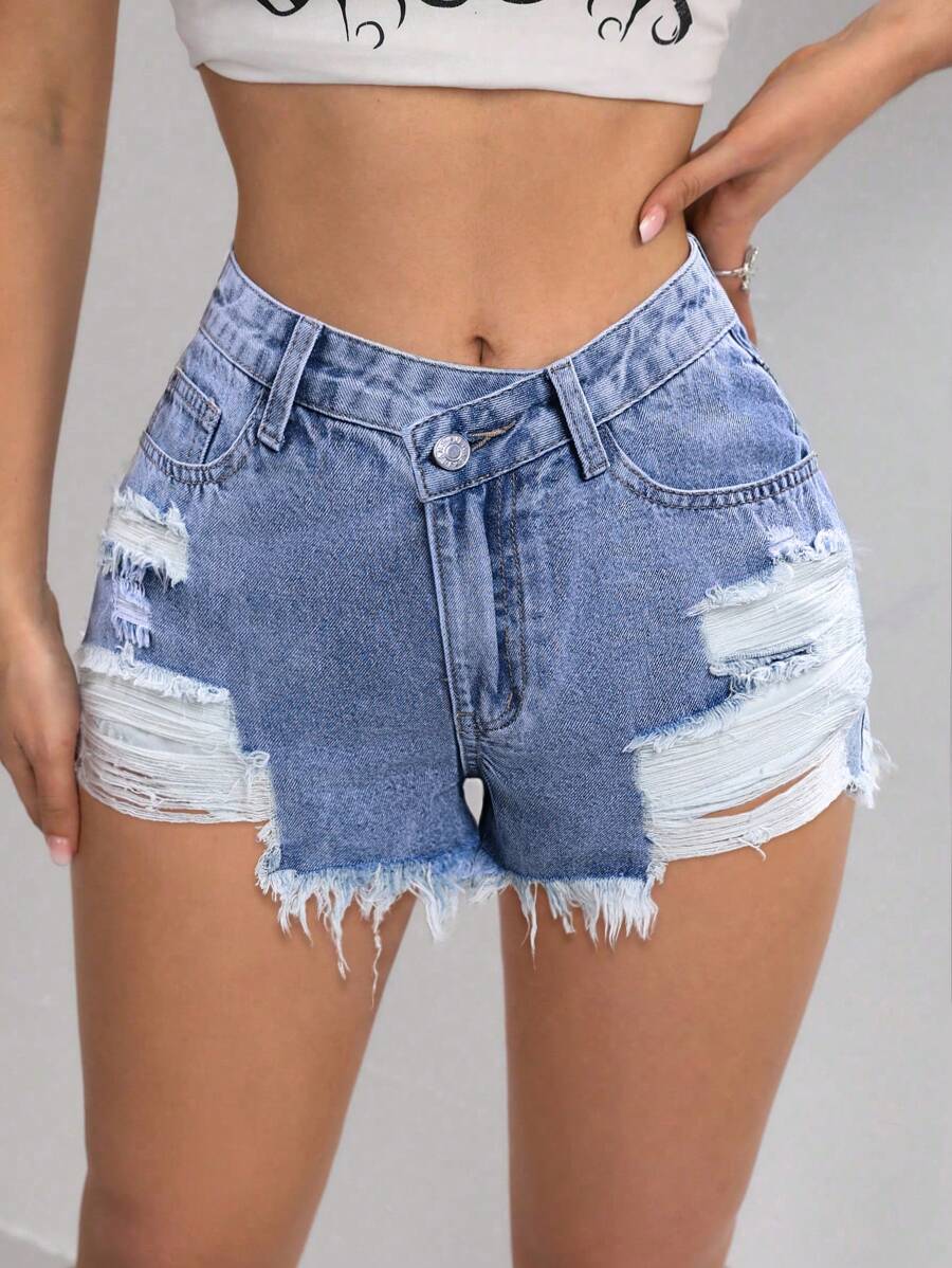 SHEIN PETITE Women's Button Embellished Denim Shorts With Fray Hem - Medium Wash - View 1
