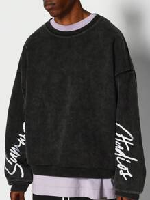 SUMWON Sweatshirt Oversized dengan Efek Washed, Logo Khas di Lengan, Streetwear Musim Gugur/Musim Dingin, Kasual, Atletik, Nyaman, dan Cocok untuk Lapisan Pakaian. - Hitam - View 3