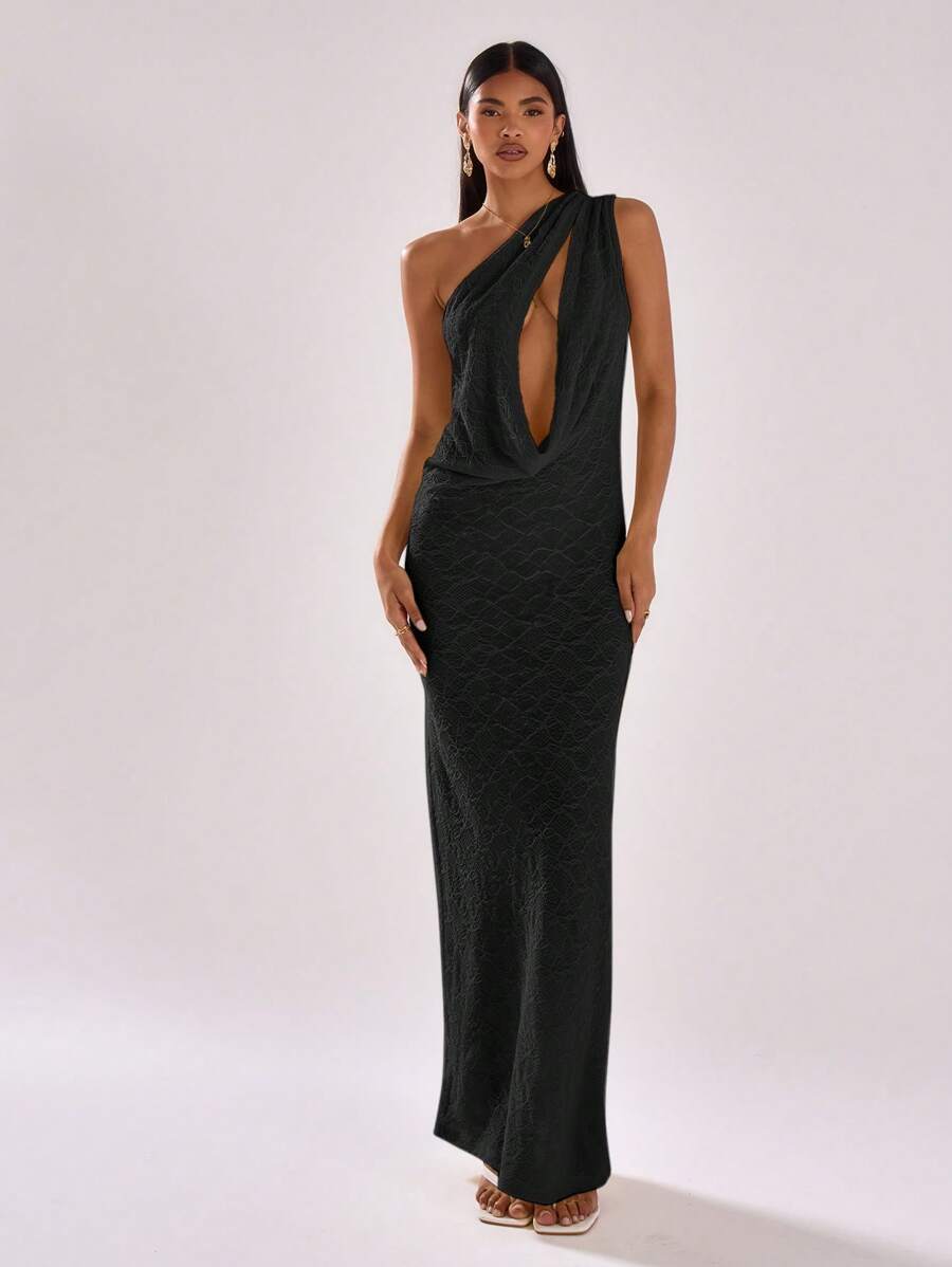 MUSERA Sexy Sheer Mesh One Shoulder Key Hole Detail Maxi Dress Elegant Spring Summer Vacation - Black - View 1