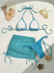 Swim Vcay Conjunto De Traje De Baño De Rejilla Liso De Playa De Verano Para Mujer De 3 Piezas