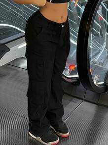 2024 Simple Black Utility Denim Straight-Leg Cargo Pants Casual - Black - View 5