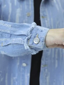 Manfinity Roghcode Áo khoác denim tay dài sờn họa tiết nút nam, trang phục dạo phố thời trang - Màu xanh lam - Xem 5