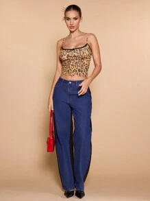 SHEIN BAE Áo ba lỗ màu kaki da báo cho nữ, áo đồng quê, trang phục phương Tây, áo ren nơ Y2k - màu nâu - Xem 5