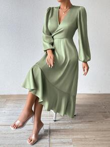 Calvaya Vestido largo de manga larga de satén verde salvia para mujer