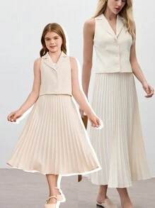 Conjunto de blusa sin mangas de tejido liso y falda mini plisada para niñas preadolescentes - Albaricoque - Ver 1