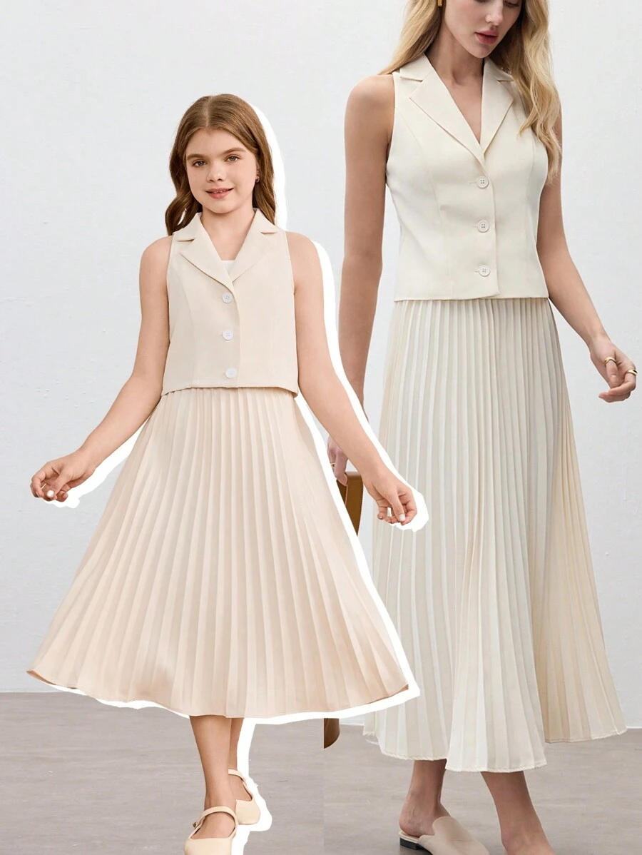Conjunto de blusa sin mangas de tejido liso y falda mini plisada para niñas preadolescentes - Albaricoque - Ver 1
