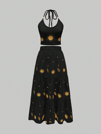 Fairycore 2 pièces Ensemble vacances avec Top à encolure ras-du-cou et mini-jupe brodés style vintage avec étoiles et lune croissante pour femmes