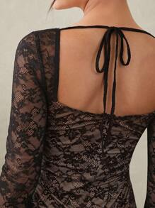 L'Amorae Sukienka koronkowa z prześwitującymi rękawami i bufiastym dołem - Czarne - Zobacz 7