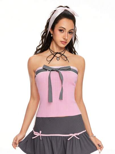 J-Fashion Top a camicetta corta lavorato a maglia con fiocco a righe stile Y2K per donne