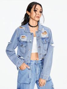 ROMWE Grunge Punk Women's Distressed Denim Cropped Jacket - Light Wash - View 6