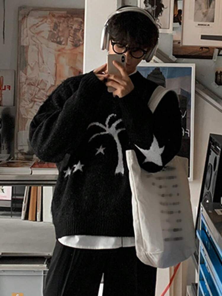 Men's Round Neck Long Sleeve Pentagram Pattern Loose Fit Comfortable Sweater, Autumn