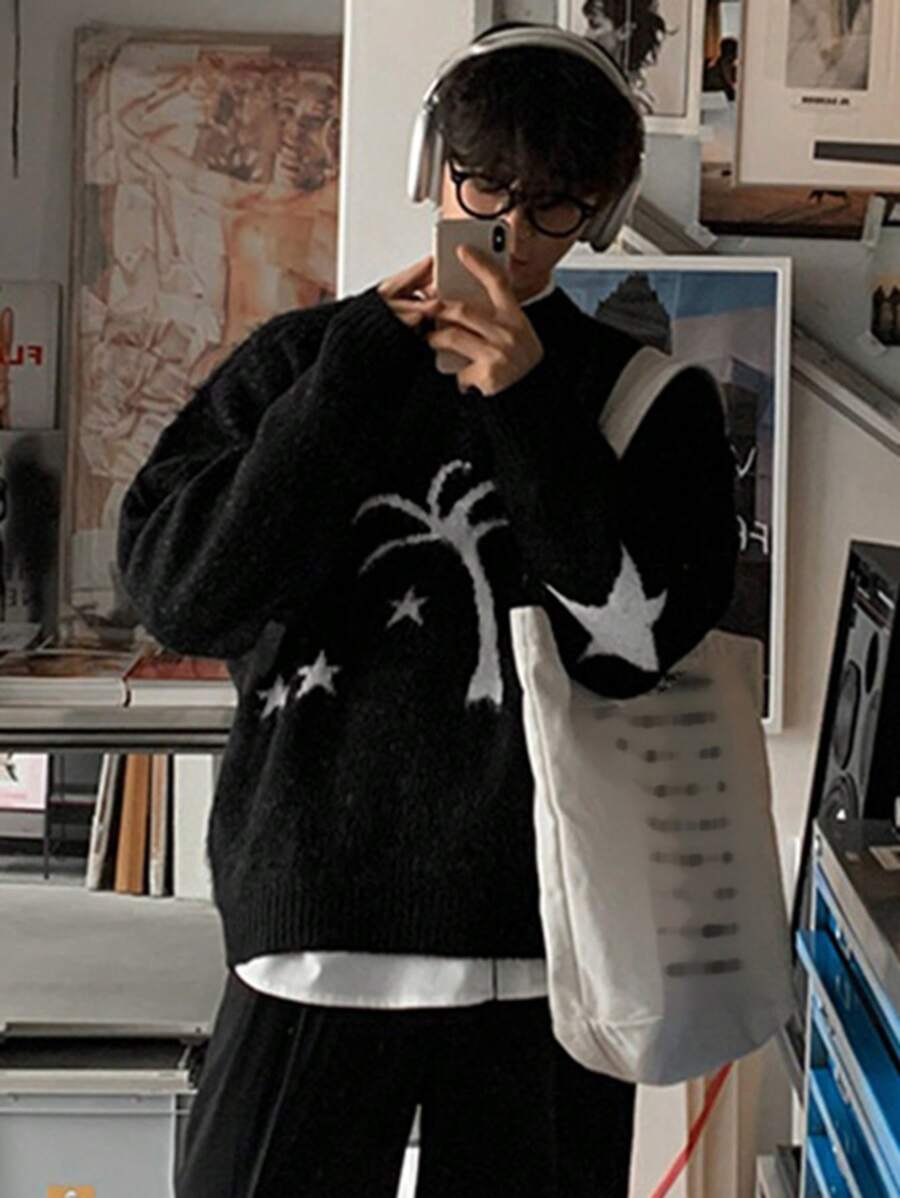 DAZY 男士圆领长袖五角星图案宽松舒适毛衣，秋季 - 黑色 - 查看 1