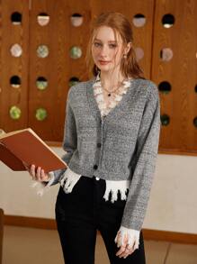 SHEIN MOD Contrast Color Asymmetrical Hem Knitted Cardigan,Fall,Business Casual,Fairy Core,90s - Grey - View 2