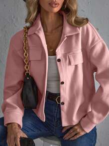 SHEIN Essnce Chaqueta minimalista de manga larga con botones delanteros y bolsillo falso de unicolor, para uso casual diario en otoño/invierno - Rosa vieja - Ver 1