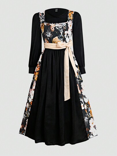 Fairmaia Ensemble 3 pièces pour femmes : Top à manches longues et col rond, robe à imprimé floral avec lien à la taille, jupe élégante avec tablier, ensembles Dirndl 3 pièces, pour l'Oktoberfest