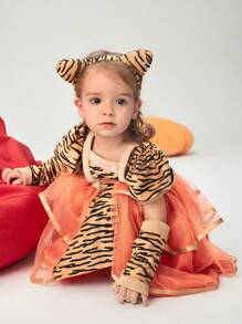 SHEIN 3pcs Girls Tiger Design Contrast Mesh Elegant Ruffled Dress With Tail, Princess Costume