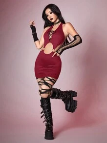 ROMWE Grunge Punk Sexy Strap And Circular Ring Design Bodycon Halter Dress For Women - Burgundy - View 2