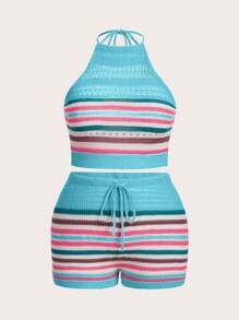 Slaydiva Plus Size Kỳ nghỉ thường ngày Áo không tay và quần short sọc đầy màu sắc dành cho nữ có dây đeo cổ-Z - Màu xanh lam - Xem 5