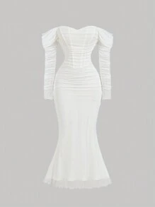 SHEIN MOD 露肩鱼骨装饰褶腰白色紧身胸衣结构臀部女式长袖连衣裙，派对连衣裙 - 白色 - 查看 1