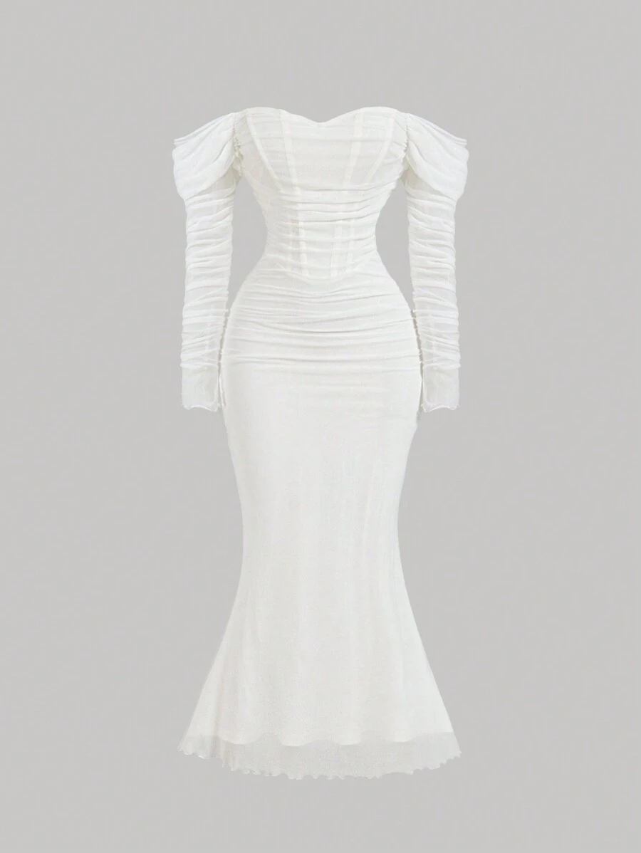 SHEIN MOD 露肩鱼骨装饰褶腰白色紧身胸衣结构臀部女式长袖连衣裙，派对连衣裙 - 白色 - 查看 1