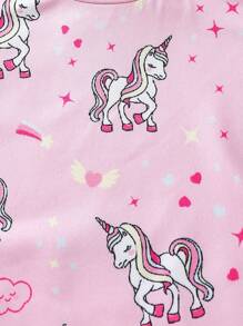 SHEIN Leap Crew Young Girls' Knitted Unicorn Pattern Top & Bottom And Love Pattern Top & Knitted Pants Snug Fit Homewear Set, 2pcs/Set - Pink - View 3