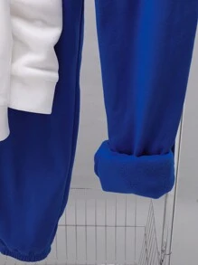 SHEIN 2件套青少年男童休闲宽松舒适多功能连帽卫衣和运动裤套装，抓绒加厚款 - 藍色 - 查看 5